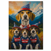 Treeing Walker Dog Family in Patriotic Outfits and Party Hats with Mountain Sunset Background for Fourth of July Decor on Ready to Hang 1.5" Thick Canvas Wrap, Floating Framed Canvas, Flat Rolled Canvas